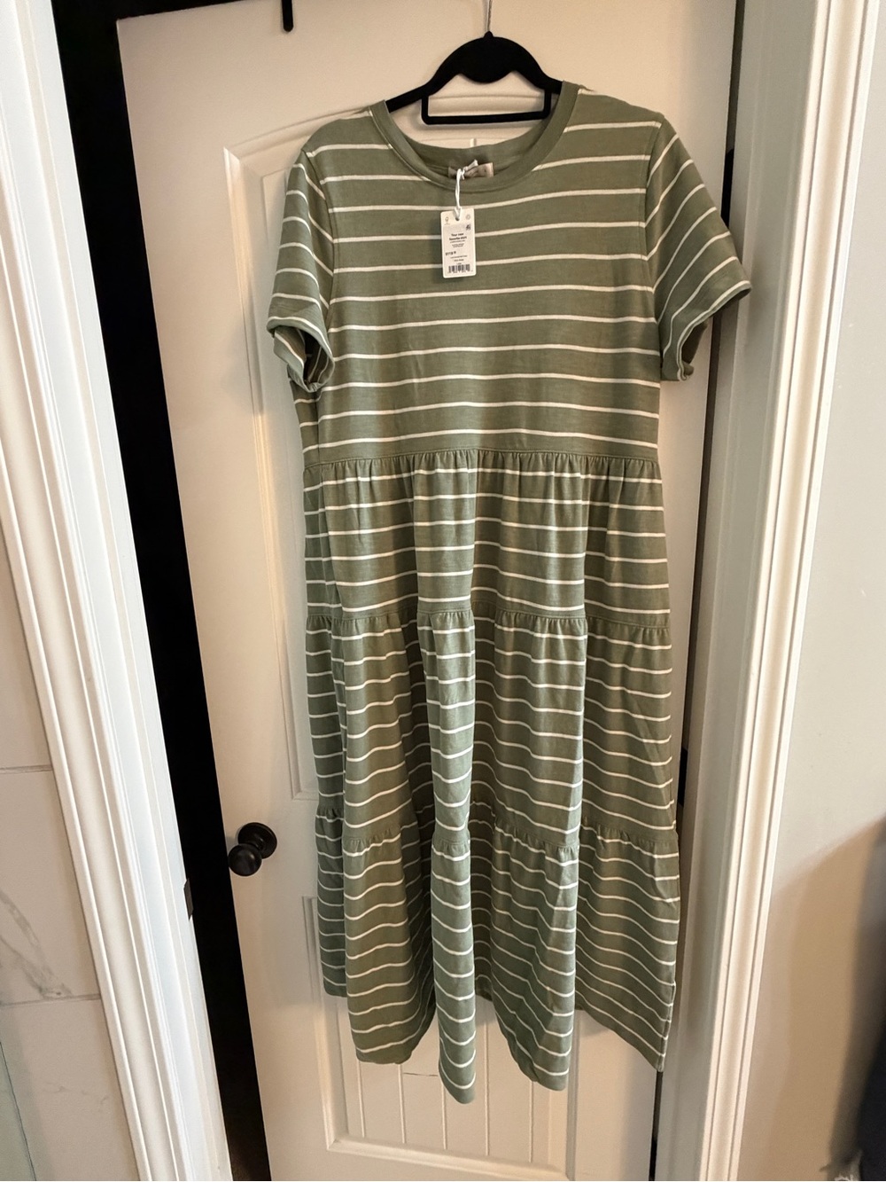 Marine Layer Olive Green & White Striped Tiered Casual Dress